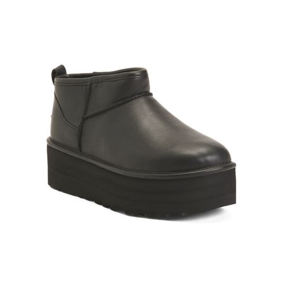 NIB UGG WOMEN'S ULTRA MINI PLATFORM LEATHER SHEARLING LINED ANKLE BOOTS BLACK - Picture 1 of 8